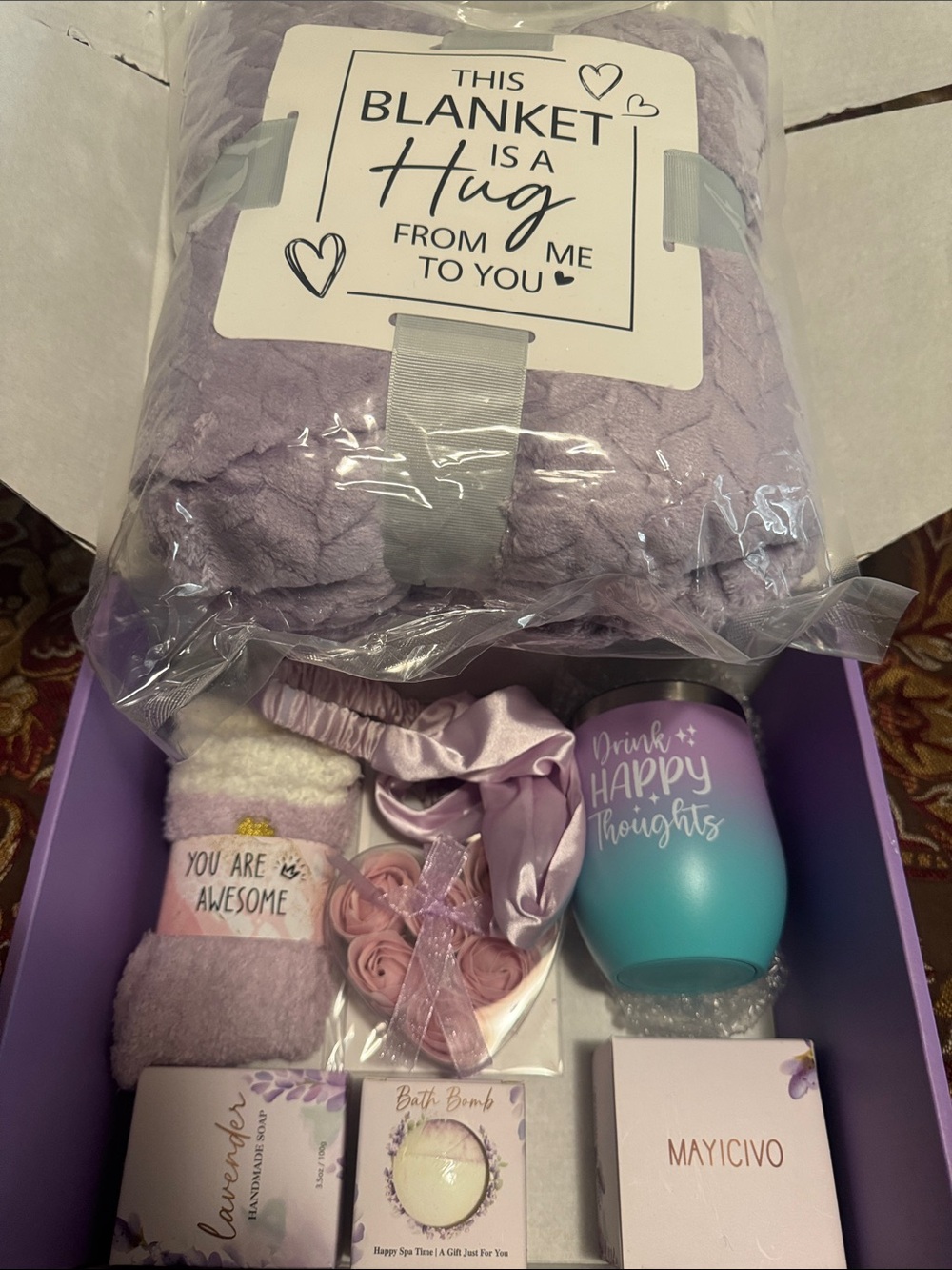 Purple Bath Gift Set Basket w/ Bath Bomb, Scented Candle & Marbled Bar Soap